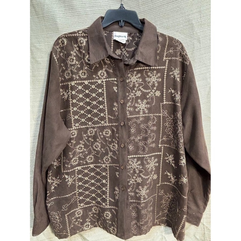 BonWorth Women XL Petite Brown Embroidered Western Faux Suede Button Up Shirt